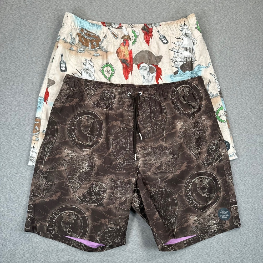 Psycho Tuna Board Shorts Mens 2XL Brown Nautical Map Globe Print Swim Trunks x2